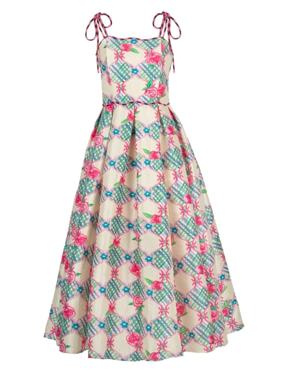 Celia B NWT Palau Midi Dress Pink Rose Blue Gingham Spaghetti Strap Full Dress L - Picture 2 of 16
